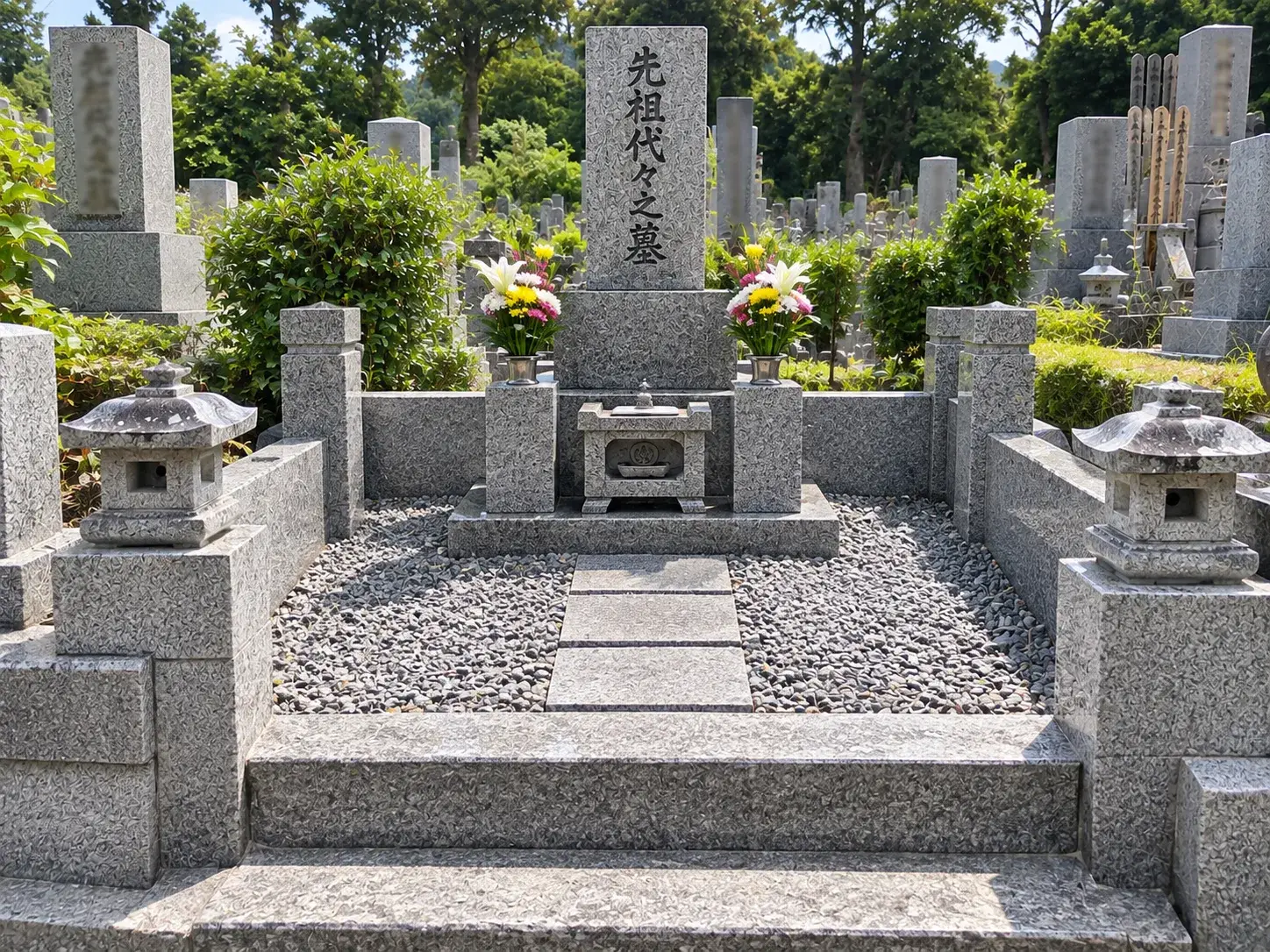 雑草を除去し、清掃と献花を終えた作業後の墓所