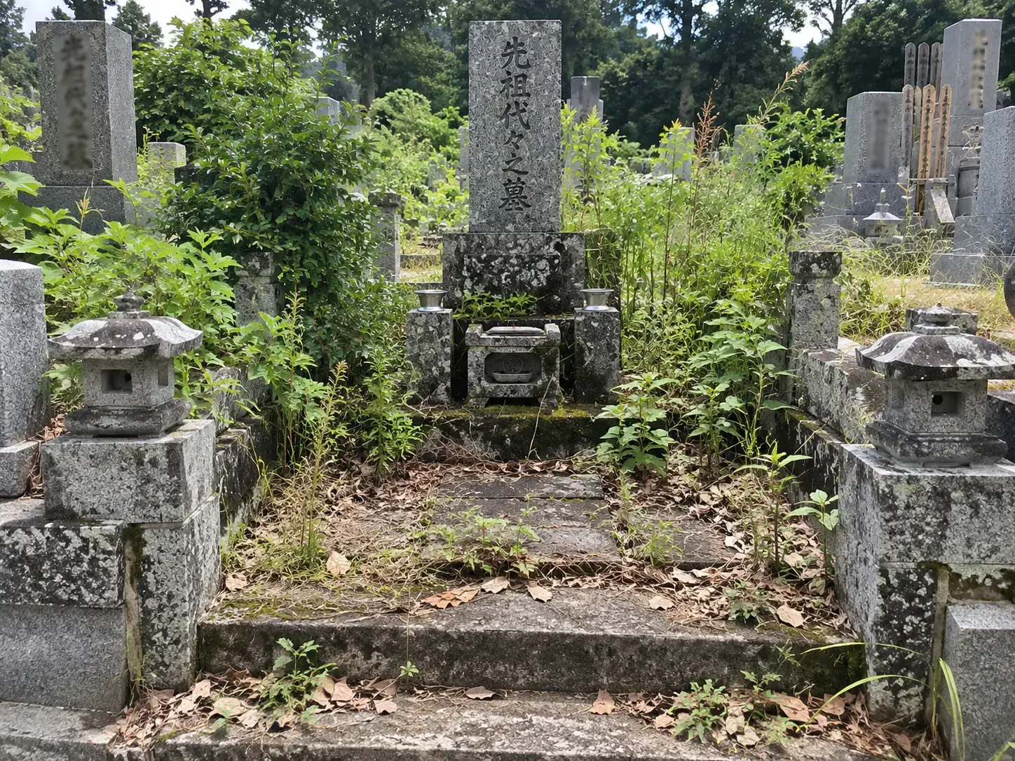 雑草が伸び、落ち葉が積もった作業前の墓所