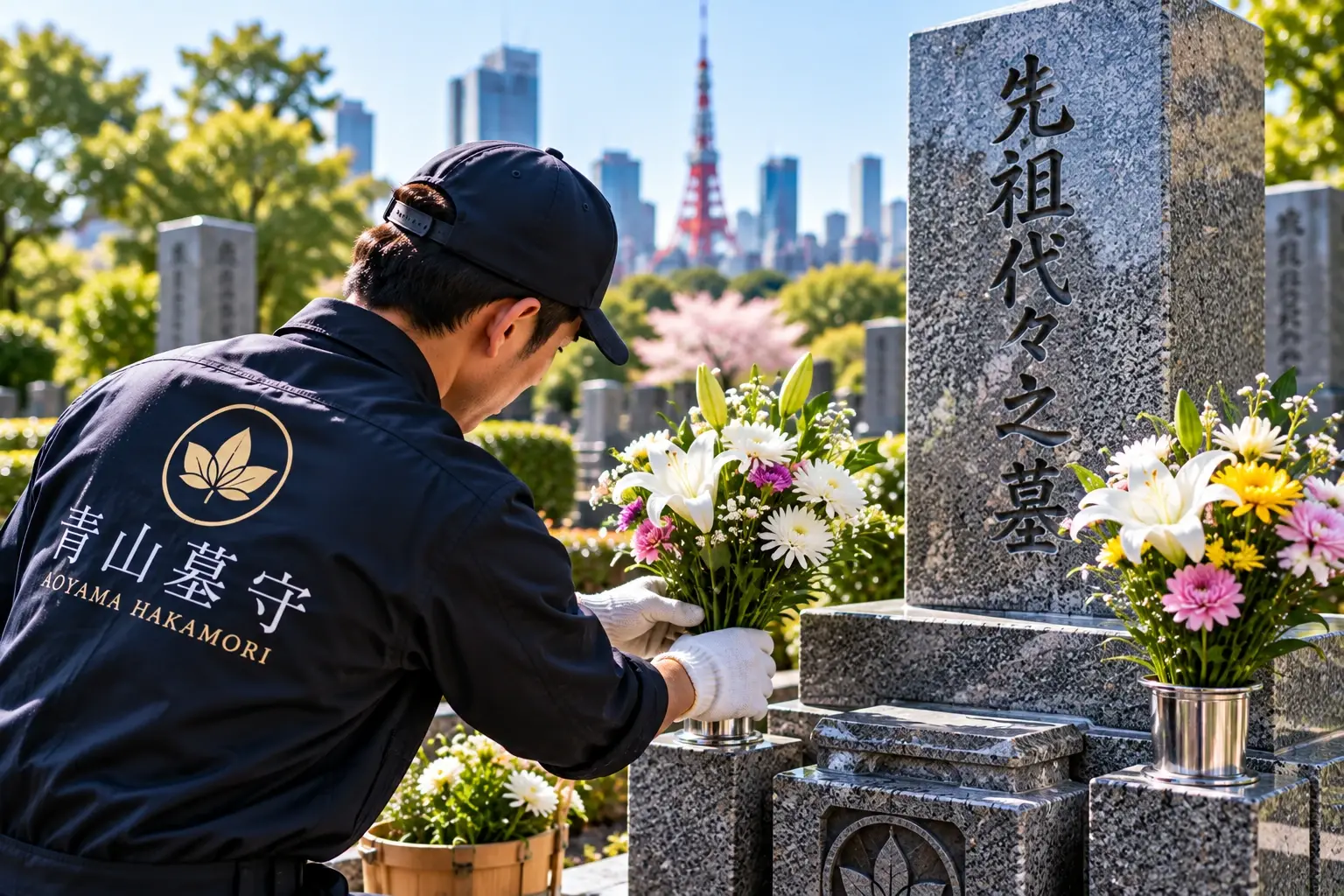 墓前に生花をお供えする様子