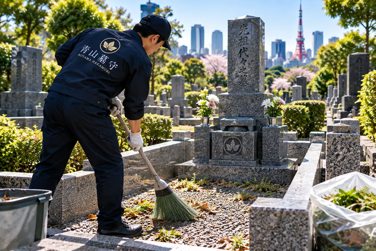 青山霊園の墓所で作業するスタッフのイメージ