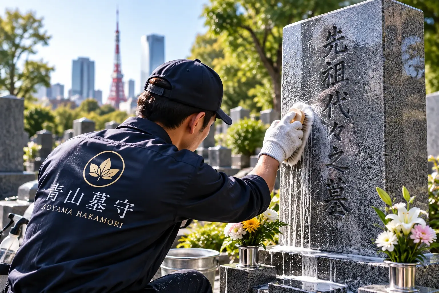 墓石を丁寧に洗う青山墓守のスタッフ