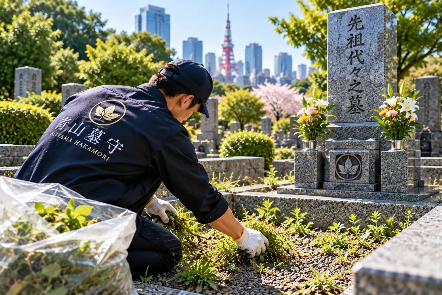 区画の雑草を手で取り除く様子